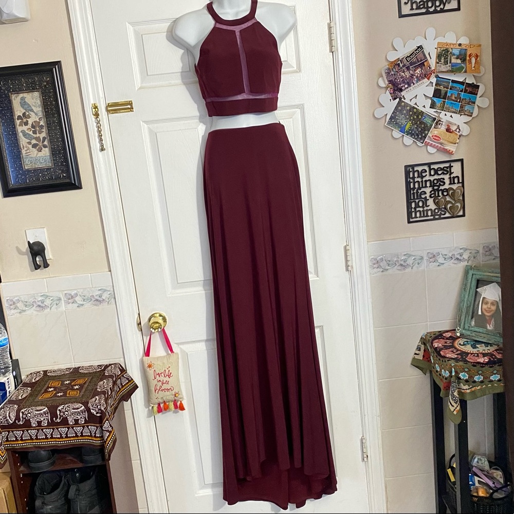 Alyce Paris 2-Piece Mesh Halter Long High-Low Evening Prom Formal Dress-Wine-2